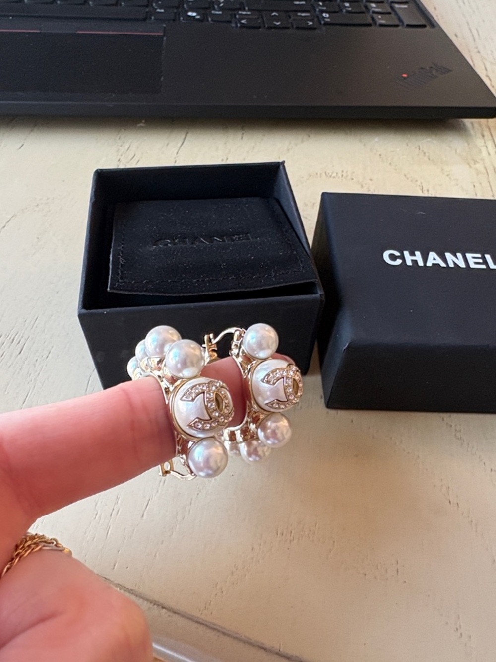 C- inspired Gold  Pearl Logo hoop earrings